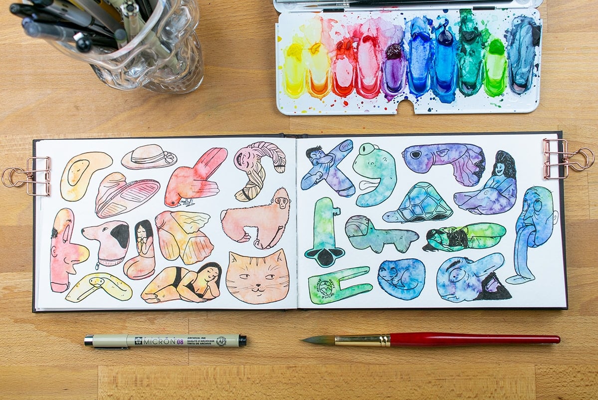 Both pages of warm and cool watercolor doodles.