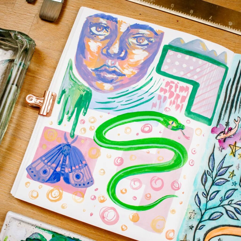 An intuitive art page in a multi-media sketchbook. Images include a moth, a snake, a face, and geometric shapes.