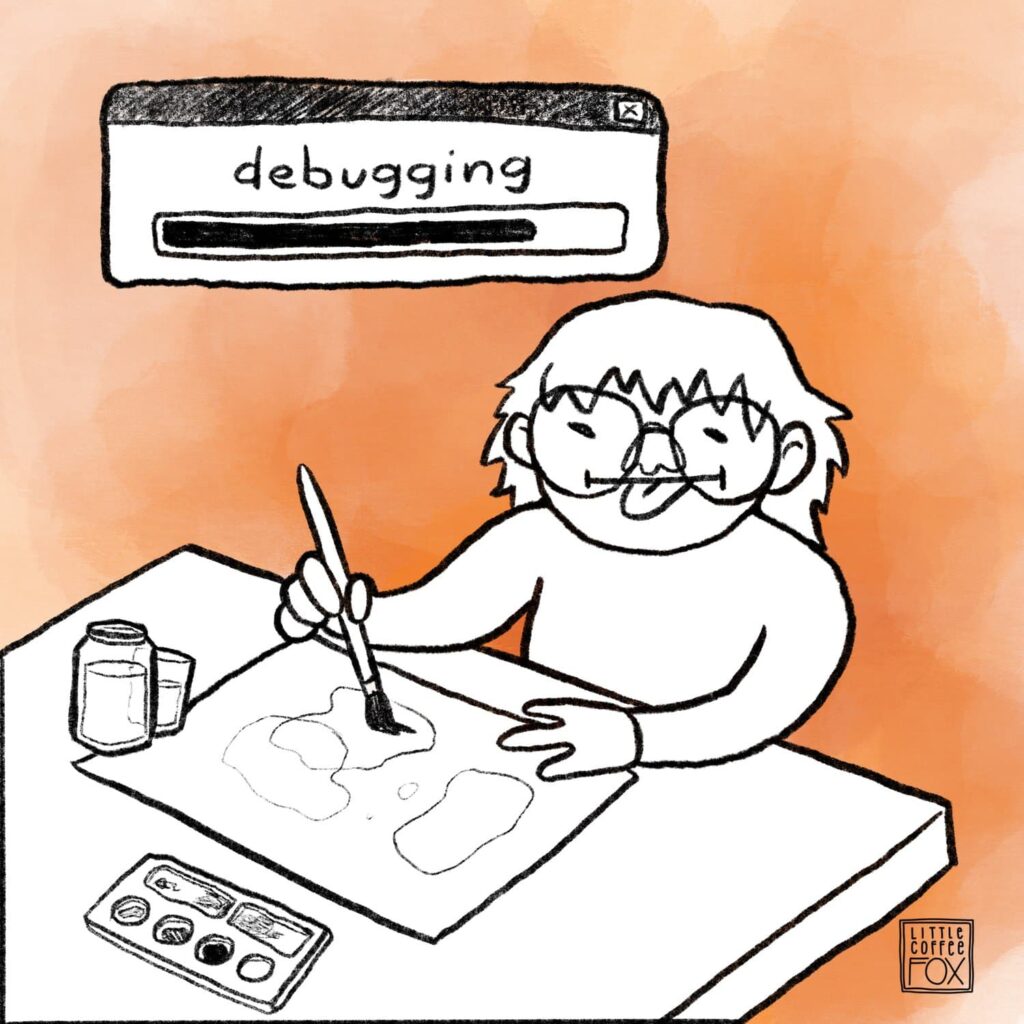 Comic drawing of Shelby sitting at desk painting while a debugging progress bar hovers overhead.